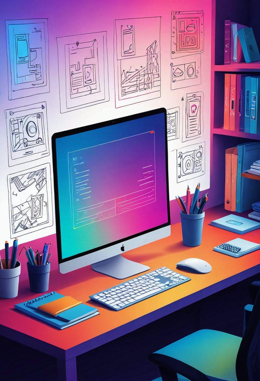 A dynamic scene showcasing a web designer at their creative workspace, full of sketches and wireframes, transitioning into a developer's digital world of codes and tools. Blend the contrasting elements of colorful design elements with the sleek, modern look of development interfaces. Vibrant colors and seamless gradients to illustrate the harmony between design and development. Modern vector art style.
