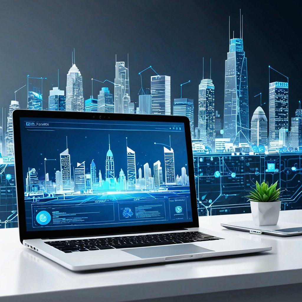 A futuristic digital workspace featuring a sleek laptop with various elements representing web development (code snippets, wireframes) and SEO services (graphs, analytics icons) seamlessly blending together. The background showcases a skyline transforming from blueprints to a bustling digital city. Vibrant colors, modern design, 3D elements, white background.