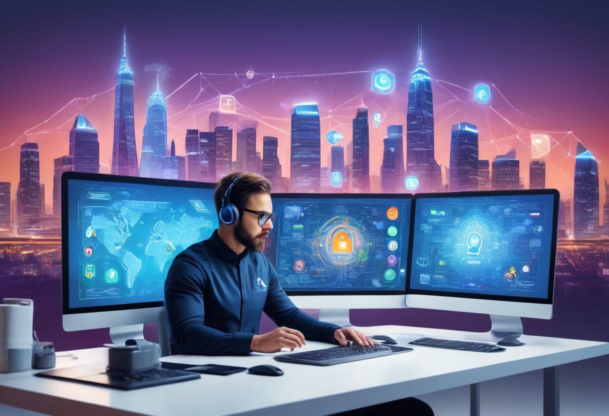 A sleek and modern digital workspace showing a web developer meticulously maintaining a dynamic e-commerce site. In the background, glowing futuristic cityscape hinting at endless possibilities of online business growth. Detailed icons representing security, performance, and customer satisfaction scattered across the scene. super-realistic. vibrant colors. white background.